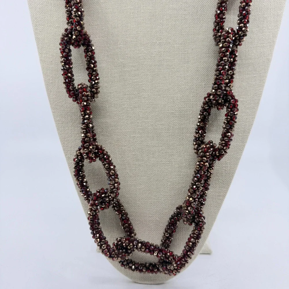 Red Bronze Tone Faceted Bead Woven Chain Link Long Necklace Statement Jewelry